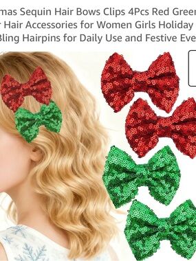 Sequin Bow Hair Clips for Kids – Red & Green Holiday Set